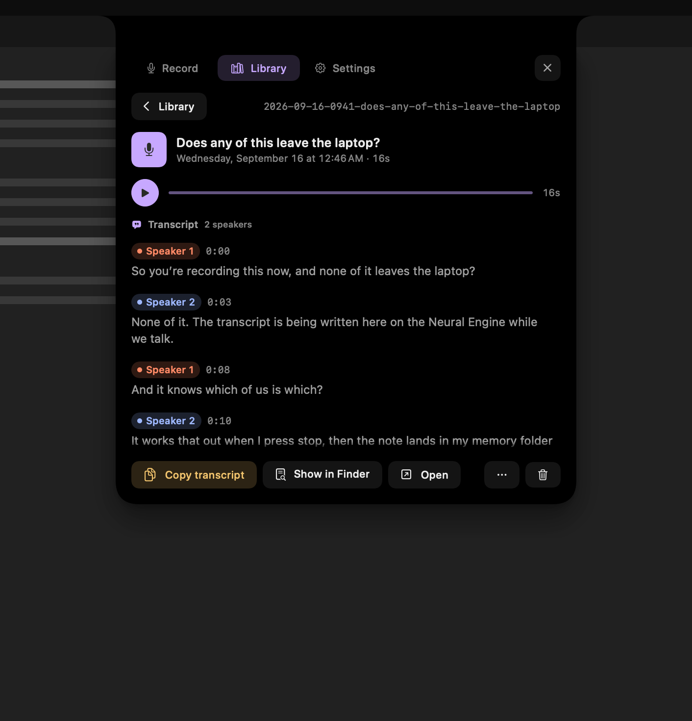 Current note detail with recording playback and speaker-labelled transcript