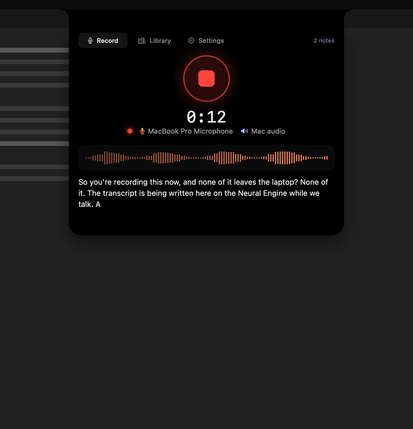 Current recording panel with timer, audio sources, waveform, and live transcript
